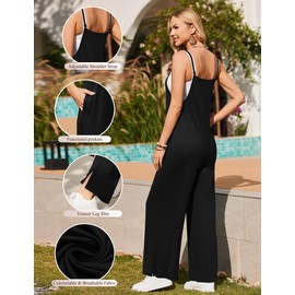 Ekouaer Womens Causal Sleeveless Jumpsuits Summer Boho Wide Leg Floral Rompers Overalls with Pockets Black L