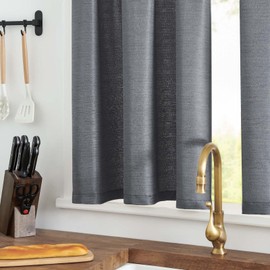 TOPICK Net Curtain, Linen Look, Bistro Curtain, Plain Short Kitchen Curtains, Fabric, Grid, Light Filtering, Pair Scarves for Living Room, Country House, Small Windows, 90 x 90 cm, Grey, Set of 2