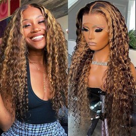 DOSYVI Ombre Lace Front Wig Human Hair 180% Density 4/27 Honey Blonde 13x6 Deep Wave Lace Front Wigs Wet and Wavy Curly Glueless Wigs Human Hair Pre Plucked with Baby Hair (Highlight, 22 Inch)
