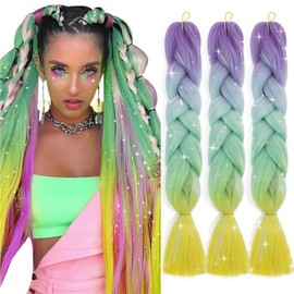 Ombre Jumbo Braiding Hair Colorful Tinsel Hair Extension 24 Inch 3pcs Synthetic Braids Rainbow Hair,Glitter Fake Hair 4 Tone,Purple to Lake Blue to Green to Yellow Glitter