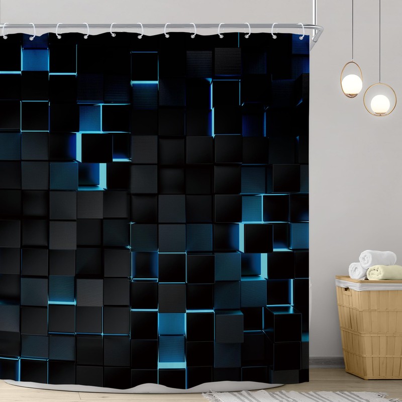 Riyidecor Blue Black Shower Curtain 72Wx72H Inch Abstract Navy Brick