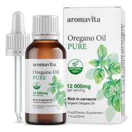 AROMAVITA Essential Organic Oil of Oregano-100% Pure Undiluted Greek Oregano Oil with Carvacrol - Over 86%, Non-GMO, Extra Strength Oregano Oil Organic Liquid Drops, 1 FL.OZ/30ml