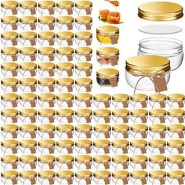 Suclain 96 Pcs 3 oz Mini Wide Mouth Plastic Jars with Lids Small Canning Yogurt Jars and 100 Tags Mini Storage Container for Jelly Jams Honey Spice Wedding Favors (Clear,Gold)