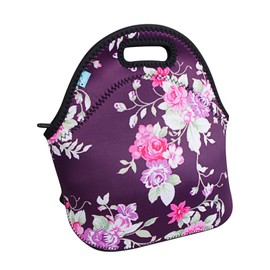Lunch Tote, OFEILY Lunch boxes Lunch bags with Fine Neoprene Material Waterproof Picnic Lunch Bag Mom Bag (Flower&Purple)