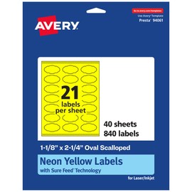 Avery Printable Oval Scalloped Labels with Sure Feed Technology, 1-1/8" x 2-1/4", Neon Yellow Labels, Print-to-The-Edge, Laser/Inkjet, 840 Total, Great for Candle Labels and Jar Labels
