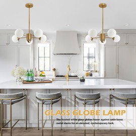 Bagood 5-Light Globe Sputnik Chandelier Mid Century Sputnik Chandeliers Modern Gold Globe Pendant Light Brushed Brass Finished with White Frosted Glass Lampshade for Dining Room Bedroom Kitchen