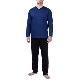 Moonline - Men's Long Pyjamas 100% Cotton with V-Neck and Striped Design, blue