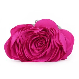Fecialy Women's Evening Bag Floral Satin Clutch Bags with Chain Rose Pattern Purse Party Prom Handbags, Hot pink