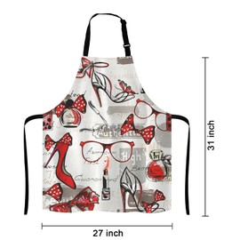 Lefolen Fashion Girl Apron, Watercolor Red Lipstick Perfumes High Heels in Vintage Background for Woman Unisex Kitchen Bib with Adjustable Neck for Cooking Gardening,Adult Size