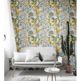 Blooming Wall Blue Bird Fresh Lemon Tree Peel and Stick Wallpaper Removable Self Adhesive Wall Mural Wall Decor, 14.5 Square Ft/Roll (17.7“x118”, Gray Background)