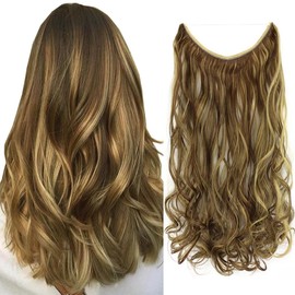 LaLuLoLi Syntehtic Fish Line Hair Extensions 18" 80g Long Wavy Hairpieces Curly Invisible Hidden Wire One Piece Hair Extensions Browm and Blonde Hairpiece for Women (Color 10H22)