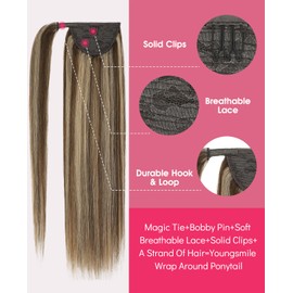 Youngsmile Ponytail Extension, Wrap Around Clip in Handmade Real Human Hair, Pony Tail Hair Extensions Hairpieces,80g 14inch,#4P27 Chocolate Brown Highlighted with Caramel Blonde (PT#4P27-14Inch)