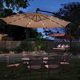 Tangkula 10FT Outdoor Patio Umbrella Solar LED Lighted Sun Shade Market Umbrella with Hanging Cover and Cross Base (Light Brown)