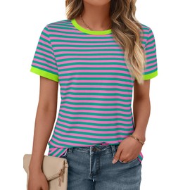 AUTOMET T Shirts for Women Striped Crewneck Casual Basic Summer Workout Tops Short Sleeve Color Block Loose Fit Tshirts 2025 Trendy Tees Clothes for Girls Pink Green S