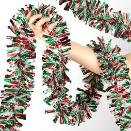 50 Feet Christmas Tinsel Garland Metallic Tinsel Garland Christmas Tree Decorations for Christmas Indoor and Outdoor Decoration (Red, Green and Silver)