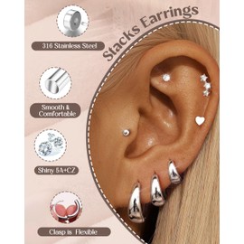 FIOROYAL 7Pairs Gold Hoop Earrings for Women 14K Gold Plated Small Huggie Hoops Hypoallergenic Lightweight Square Chunky Gold Hoop Dainty Cartilage Stud Earrings Sets for Multiple Piercing S3