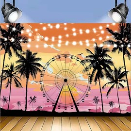 Summer Seaside Ferris Wheel Photography Backdrop Hawaiian Seaside Sunset Palm Tree Silhouette Tropical Beach Photo Background Baby Shower Tropical Wedding Birthday Party Banner (6X4FT)