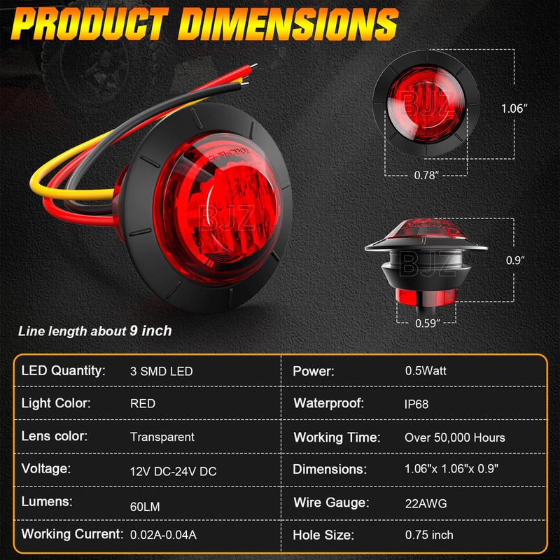 BJZ 3/4" Strobe+Marker Dual Function Red Round Trailer LED Side
