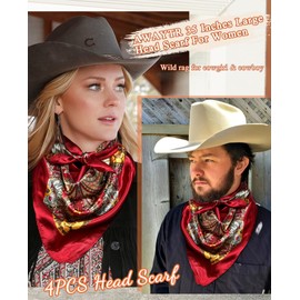 AWAYTR 35" Large Silk Hair Scarf for Women - 4Pcs Satin Head Scarf Square Hair Bandanas Floral Wild Rag Sleeping Head Wraps (Cashew(Black/Olive Green/Red/Pink))