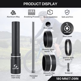 Bike Stem Riser Extender - 1-1/8" 28.6mm Fork Stem, Aluminum Adapter for Mountain Bikes, Road Bikes, MTB, BMX, Lightweight, Durable, Easy to Install (Black-180mm)