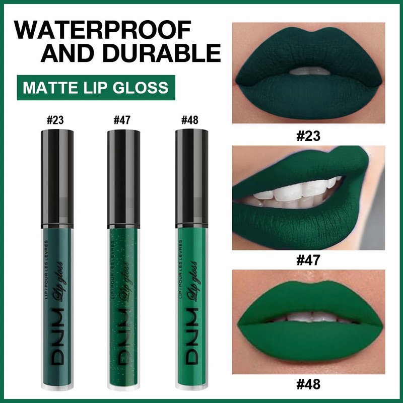 evpct 3Pcs Dark Deep Forest Green Shimmer Matte Liquid Lipstick
