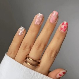 Valentine's Day Press on Nails Short Square Shapes 24Pcs Heart Glossy Full Cover Short Coffin Acrylic Fake Nails with Heart Designs Heart False Nails with Glue Stick on Fingernails for Women Girls