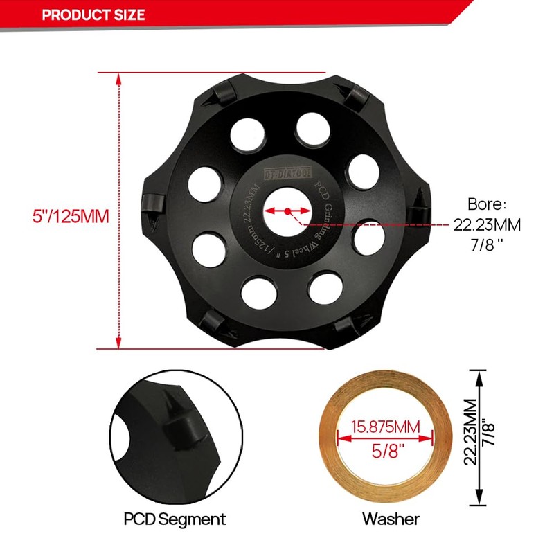 DT-DIATOOL PCD Diamond Grinding Cup Wheel 5 Inch Arbor 7/8"