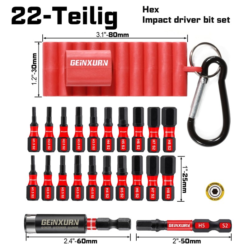 Geinxurn Hex Screwdriver Bit Set 22 Pieces, H1.5-H8 S2 Steel