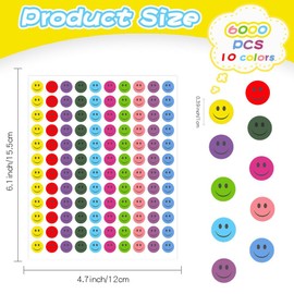 Smiley Face Stickers Small Happy Face Sticker 10 Colors 6000 Pcs Happy Face Decal Stickers Smiling FaceStickers RewardStickers TeacherStickers for Students Round Circle Sticker Labels TinyStickers