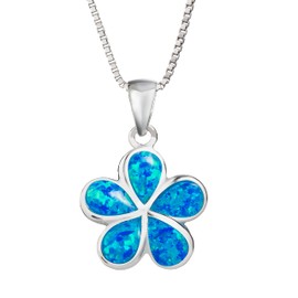 Aloha Jewelry Company 925 Sterling Silver Opal Hawaiian Plumeria Flower Necklace Pendant with 18" Box Chain, Nickle-Free Hypoallergenic for Sensitive Skin, Gift Box Included (10mm, Blue)