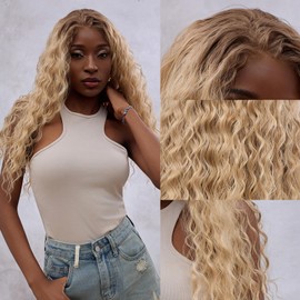 Glueless Long Curly Headband Human Hair Half Wig, Ombre Linen Blonde Synthetic Lace Front Deep Wave Ready to Wear and Go Wigs for Women(Ombre Linen Blonde)