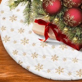 Falda de árbol de Navidad, Falda de árbol Blanca de Grosor, Falda para Árbol de Navidad Blanca de Piel Artificial, Copos de nieve de lentejuelas decoran navidad, año nuevo, fiestas. (Golden, 120CM)