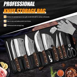 MDHAND 14PCS Professional Butcher Knife Set with Roll Bag, Hand Forged Serbian Chef Knife Set, Heavy Duty Meat Cleaver Knives, Boning Knife, Meat Cutting Knife for Kitchen, Gift for Men, BBQ, Camping