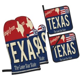 Oven Mitts and Pot Holders Sets of 4,Texas Lone Star State Retro US,Oven Mitts Heat Resistant Oven Gloves Set Potholders for Kitchen Baking Grilling