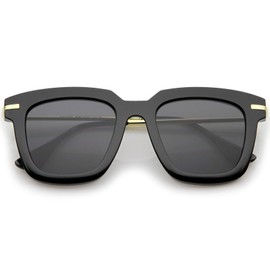 zeroUV Oversize Slim Metal Temple Square Lens Horn Wayfarer Sunglasses, Black Gold / Smoke, 50 mm