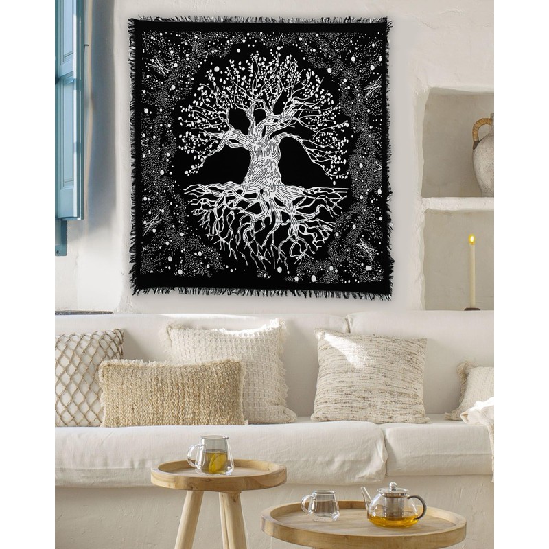 Indian Consigners Spiritual Tablecloth – White Tree of Life Cotton