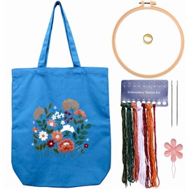 Canvas Tote Bag Embroidery Kit with Pattern for Beginners, Arts and DIY Embroidery Crafts Kits for Adults, Include Instructions, Embroidery Hoops, Color Threads and Tool