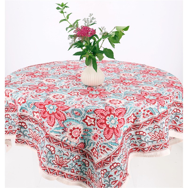 GURU SHOP Square Tablecloth, Handmade, Block Print Tablecloth - Red/Aqua,
