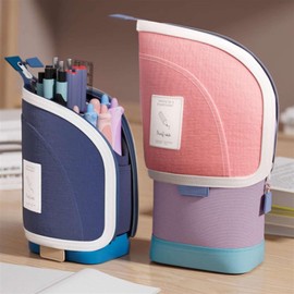 GIBZ Large Telescopic Pencil Case 2 in 1 Stand Pen Holder Zipper with Divider for Students Teenagers Office Pink