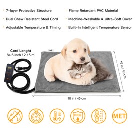 Toozey Pet Heating Pad, 6 Adjustable Temperature Dog Cat Heating Pad with Timer, Waterproof Heated Cat Bed with Chew Resistant Cord, Indoor Electric Pet Heated Mat 18x16in