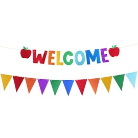 DOPENSPI Colour Welcome Banner with Bunting, Welcome Banner Welcome Garland Party Decorations Glitter Home Party Sign for First School Day Baby Shower Military Return Party