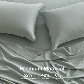 PANDATEX Aqua Green King Size 4 Piece Sheet Set, Cooling Sheets for Hot Sleepers, Linen-Textured Rayon Derived from Bamboo Cotton Blend Sheets, Deep Pockets Natural Bed Sheets