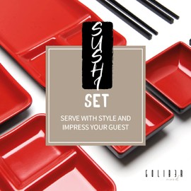 GOLIBER 8 Piece Japanese Style Sushi Plate Dinnerware Set - Includes 2 Sushi Plates, 2 Sauce Dishes, 2 Pairs of Chopsticks, 2 Chopsticks Holders (Red)