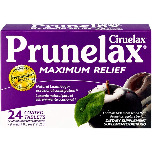 Prunelax Ciruelax Maximum Relief Laxative Tablets for Occasional Constipation, 25mg Sennosides B, Vegan & Gluten-Free, Gentle Overnight Relief, 24ct