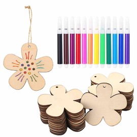 HERZONE 52 Pieces Wooden Flowers for Painting with Watercolour Pencil, Spring Decoration Pendant, Flowers, Wooden Pendant, Spring Pendant, Wooden Hanging Window Decoration (Natural (Flowers))