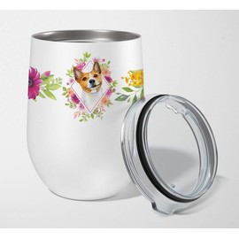 Caroline's Treasures CK4115TBL12 Basenji Pink Flowers Stainless Steel 12 oz Stemless Wine Glass Insulated Wine Tumbler with Lid, Cute Travel Cup for Coffee, Cocktails, Gift Women, Mother