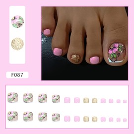 Press on Toenails Coffin with Floral Bud Designs, Full Cover Reusable False Toenails with Glue, Artificial Acrylic Fake Nails for Toe, Glue on Toenails with Charm, Stick on Toe Nails for Women