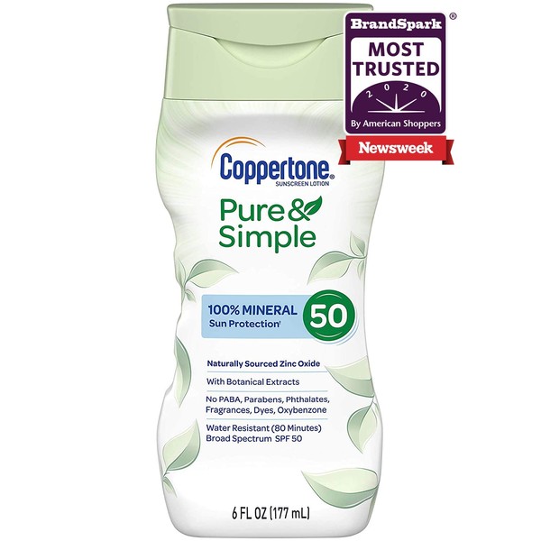 Coppertone Pure & Simple SPF 50 Sunscreen Lotion, Water Resistant, Hypoallergenic, Dermatologically Tested, Plus 100% Natural Botanicals, Broad Spectrum UVA/UVB Protection,White, 6 Ounce
