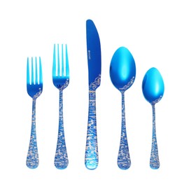 Blue Wave Cutlery Set 20 Pieces Stainless Steel Flatware Set Service for 4 Utensils For Home Kitchen Wedding Laser Engraved Dishwasher Safe All Blue