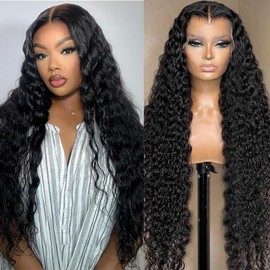 KVFCT 34 Inch Deep Wave Frontal Wig 13x6 HD Transparent Lace Front Wigs Human Hair Deep Wave Glueless Curly Human Hair Wigs for Women Pre Plucked Deep Wave Wig with Baby Hair
